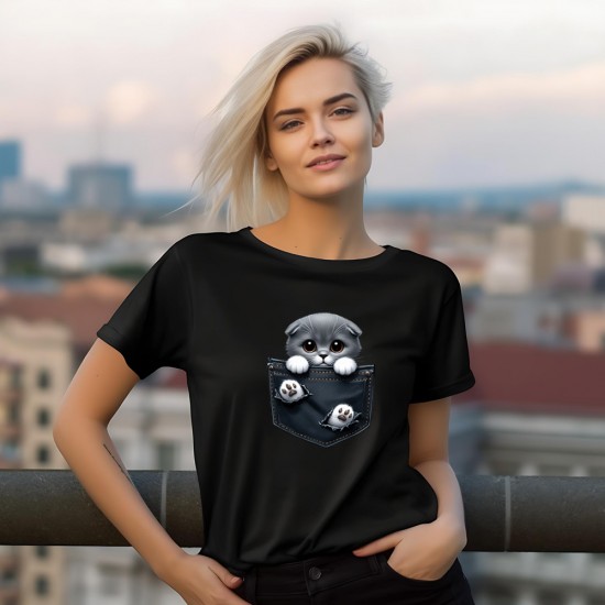 Дамска памучна тениска с щампа Коте от джобче