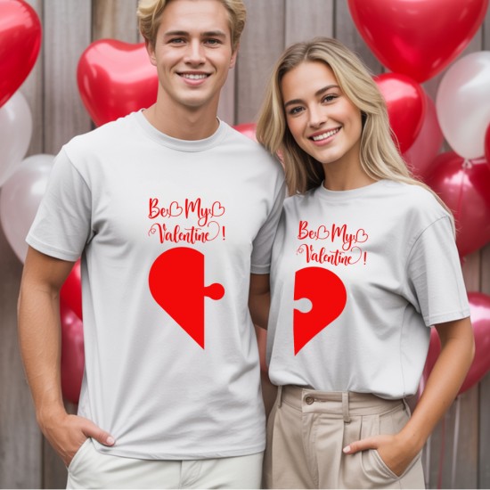 Комплект от две тениски за двойки с щампа на Пъзел Be my Valentine